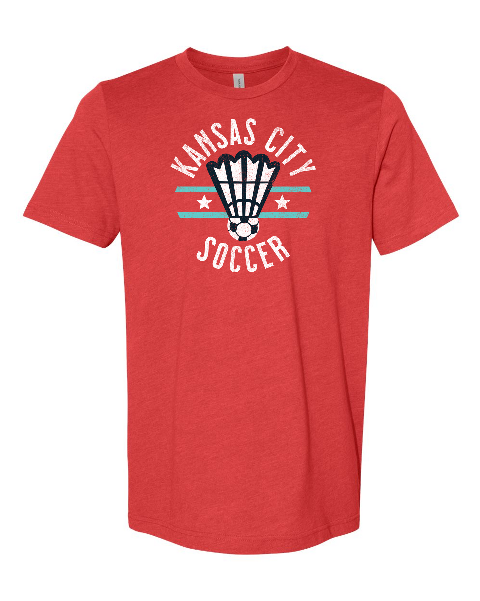 Kansas City Soccer Shuttlecock T-Shirt in heather red Bella Canvas fabric featuring unique KC-themed design with shuttlecock and soccer imagery.