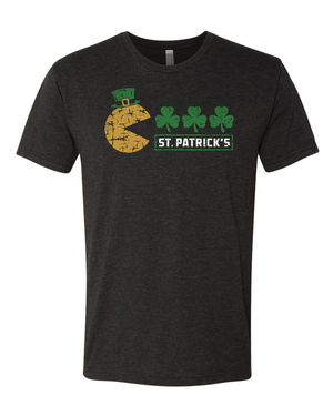 Vintage black St. Gamer's Day tee featuring a classic inspired character wearing a Saint Patrick's Day buckle hat and eating Shamrocks, perfect for gamers and St. Patrick's Day.